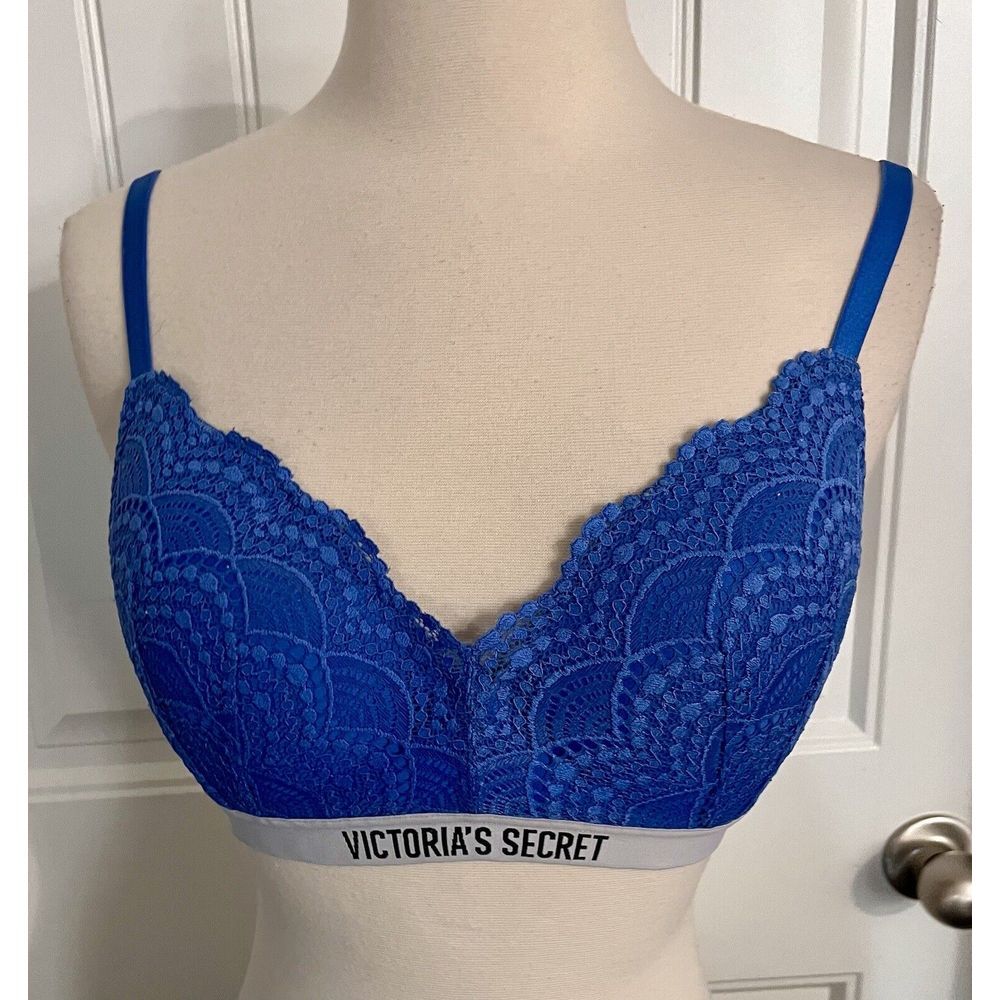Victoria's Secret Lined No Wire Bra Blue 36C Spellout Logo Lace Padded Sport 044